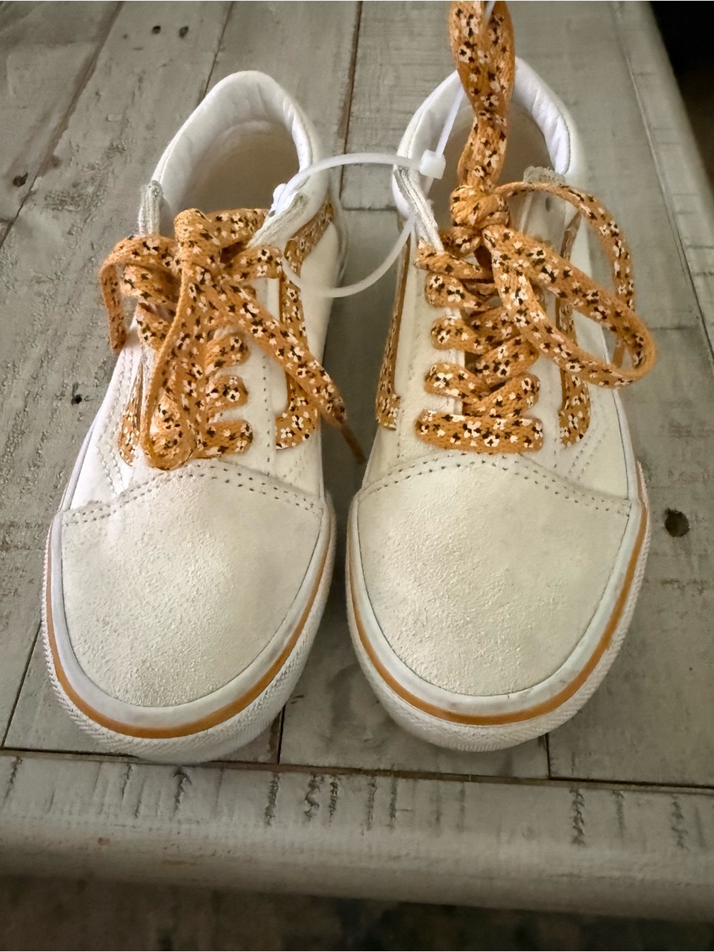 Vans Women's Cream Suede Low-Top Sneakers with Orange Patterned Laces